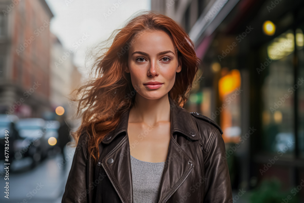 A radiant woman with flowing red hair and a leather jacket walks the city streets, her confident gaze and the warm city lights create an inviting urban scene A radiant woman with flowing red hair and a leather jacket walks the city streets, her confident gaze and the warm city lights create an inviting urban scene