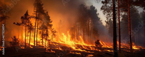 Huge flames of fire in big forest.