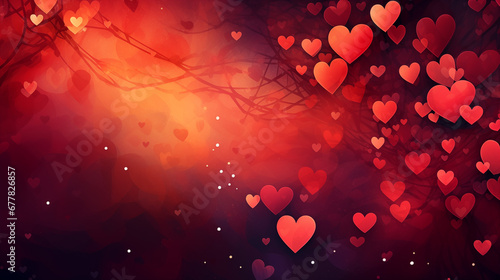 Many red hearts on a red background. Hearts have different sizes and shapes, they are arranged in a chaotic order. It symbolizes love, beauty or joy.