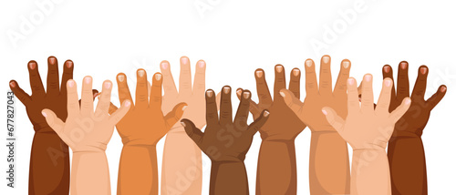 A group of children's raised hands of different nationality and ethnicity. Illustration, vector