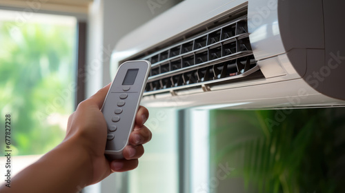 Close up of hand holding remote control of air conditioner. photo