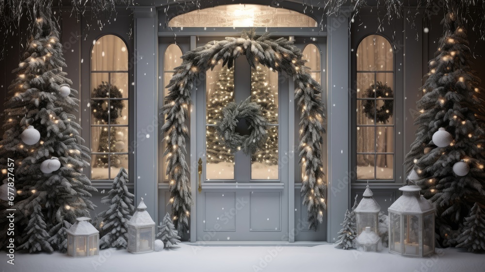 a front door decorated for christmas with a wreath and wreath on the front of the door and a wreath on the side of the door. a front door decorated for christmas with a wreath and wreath on the front of the door and a wreath on the side of the door.