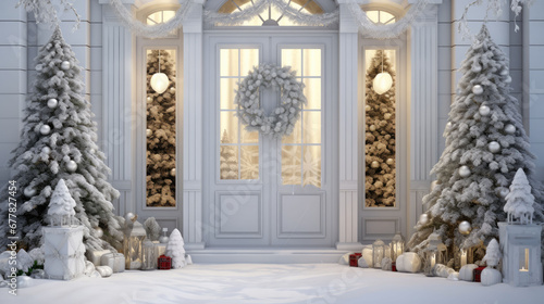  a set of christmas trees in front of a white door with a wreath and wreath on the front of the door.