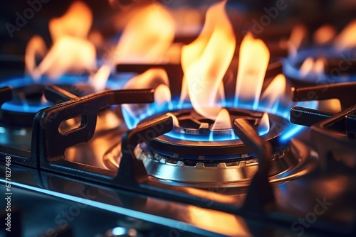 Kitchen gas stove with blue gas flames. Global gas crisis and rising prices.