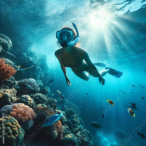 person looking at a coral reef with many fishes