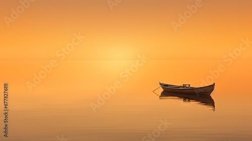  a small boat floating on top of a body of water under a bright orange sky with the sun in the distance. © Olga