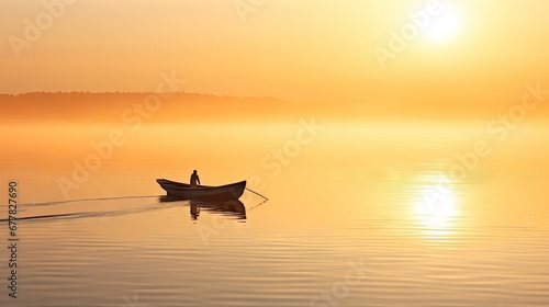  a person in a boat on a body of water with the sun in the background and fog in the air. © Olga