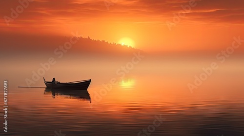  a small boat floating on top of a body of water under a red and orange sky with the sun in the distance. photo