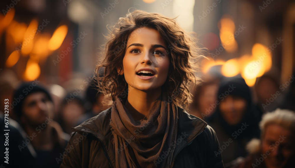 Young woman smiling outdoors in the city at night generated by AI