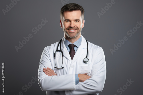 Confident male doctor in white lab uniform and stethoscope standing with folded arms and smiling at the camera over grey background