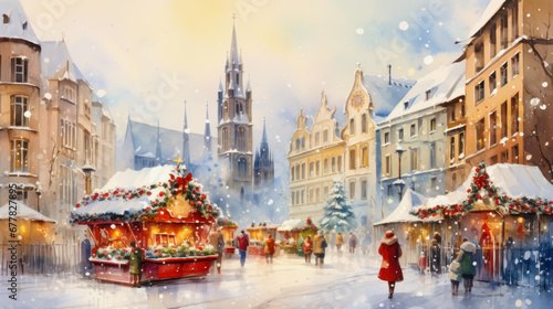 watercolor illustration of a christmas market in a village while snowing