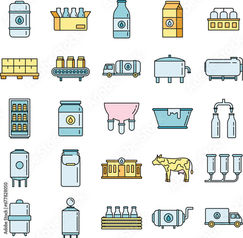 Industry milk factory icons set. Outline set of industry milk factory vector icons thin line color flat on white