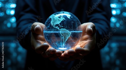 Hand is grasping a futuristic blue globe sphere around the Earth.