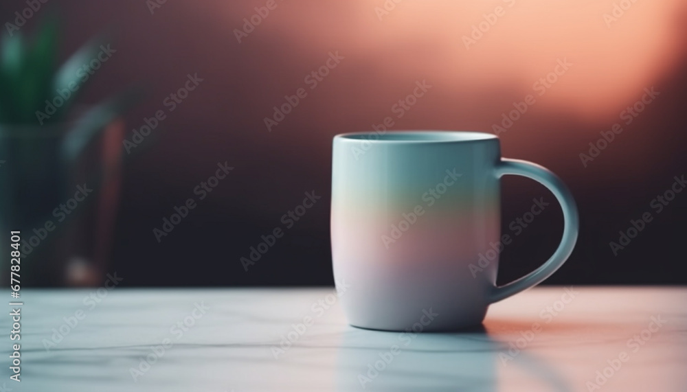Hot liquid in blue mug on wooden desk in office generated by AI