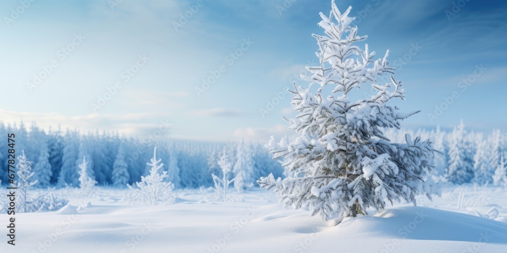 Fototapeta premium Winter snowy landscape, pine tree in the snow, Merry Christmas. Place for text. Generative AI