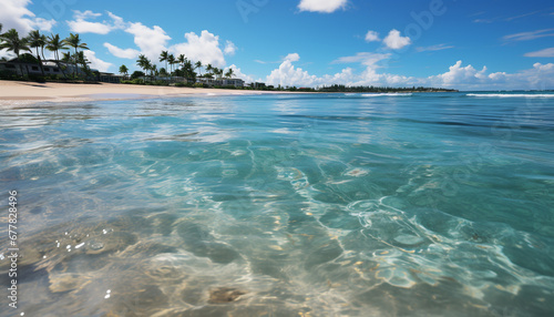 Blue water, tropical climate, sandy beach, tranquil scene, palm trees generated by AI