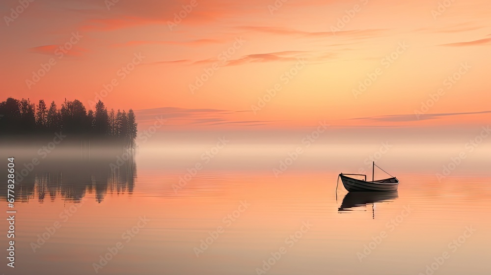 a small boat floating on top of a body of water under a pink and orange sky with a tree line in the background. a small boat floating on top of a body of water under a pink and orange sky with a tree line in the background.