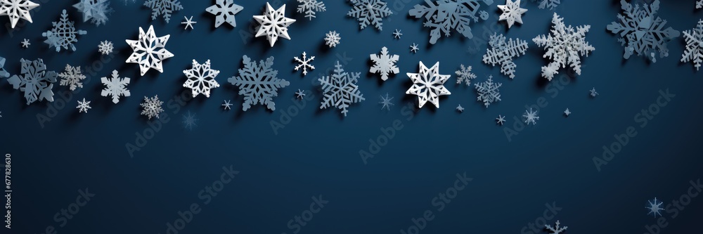 New Year's decor made of paper white snowflakes on a dark blue background, Generative AI New Year's decor made of paper white snowflakes on a dark blue background, Generative AI