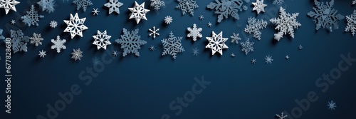 New Year's decor made of paper white snowflakes on a dark blue background, Generative AI