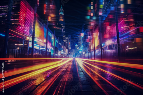 Long exposure of a city street at night capturing the vibrant streaks of traffic lights and illuminated urban landscape