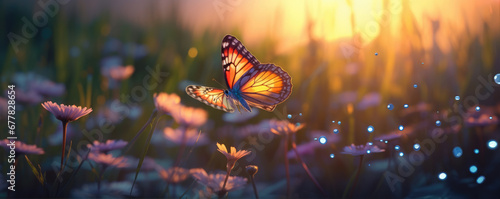Mystical beautiful butterfly in a magical flower field. Butterfly fly over flowers meadow. © Michal