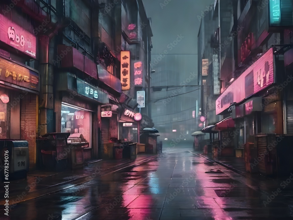 Cyberpunk style neon city street at night. Modern futuristic Asian city