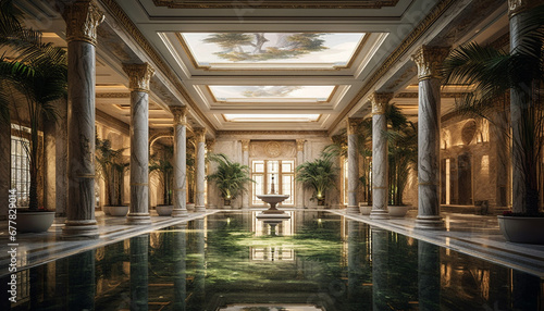 Ancient courtyard reflects spirituality in illuminated architectural column and modern design generated by AI