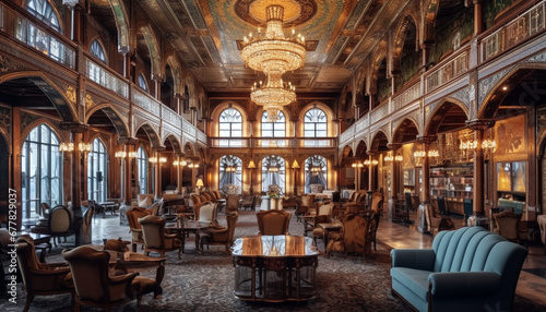 Inside the modern library, a wooden table and chair sit elegantly generated by AI