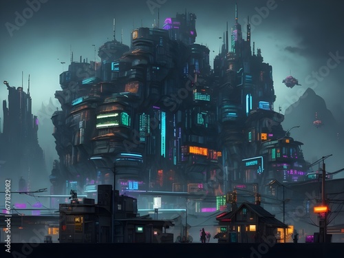 Futuristic sci-fi city with large apartment building, neon glow cyberpunk style