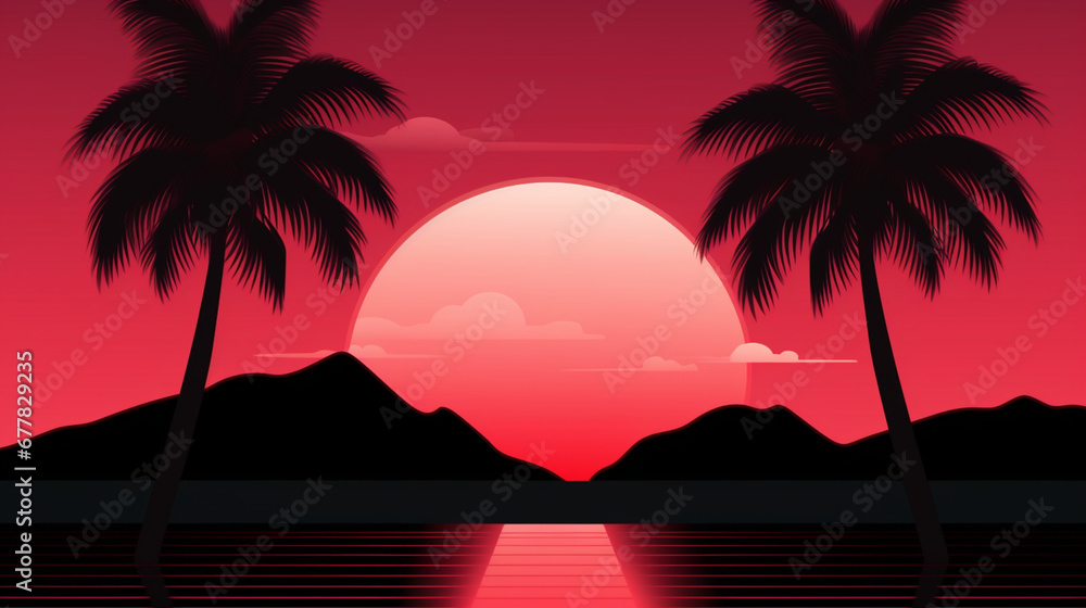 Illustration minimaliste et vectorielle d'un paysage coloré. Coucher de soleil, palmier, montagne. Espace pour conception et création graphique.