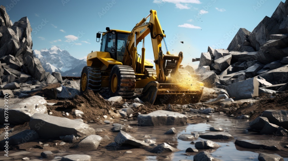 Fototapeta premium Construction activities near the site are underway, with the assistance of an excavator.