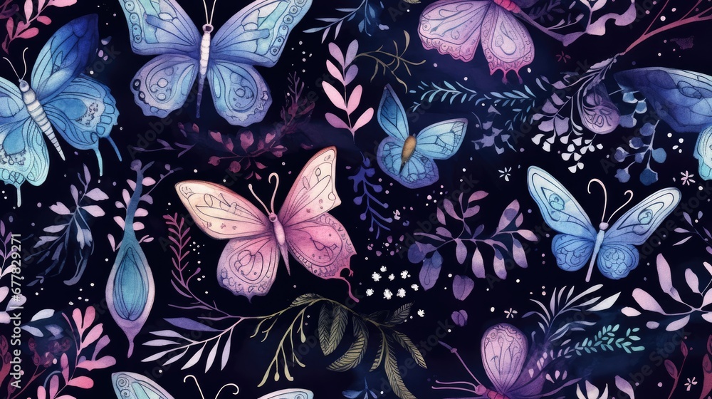 a painting of blue and pink butterflies on a black background with leaves and flowers on the bottom half of the image. a painting of blue and pink butterflies on a black background with leaves and flowers on the bottom half of the image.