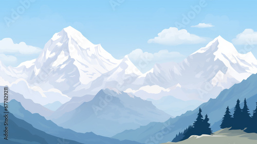 Illustration minimaliste et vectorielle d'un paysage coloré. Montagne, arbre, ciel. Espace pour conception et création graphique.
