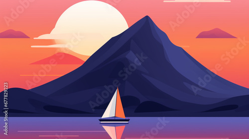 Illustration minimaliste et vectorielle d un paysage color  . Montagne  bateau  lune. Espace pour conception et cr  ation graphique.