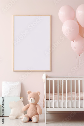 Cozy Nursery Room with Photorealistic Mockup of White Picture Frames and Pastel-Colored Baby Toys © Britta