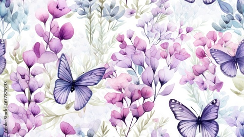  a watercolor painting of purple and pink flowers and butterflies on a white background with a watercolor effect of pink and purple flowers and purple butterflies on a white background.