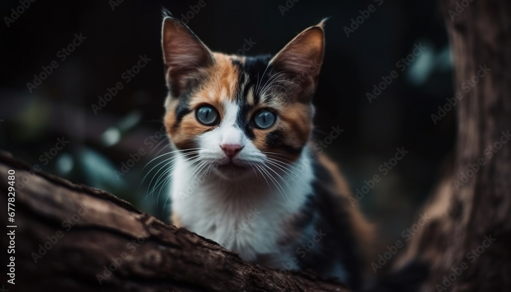 Cute kitten sitting in grass, staring with alertness at camera generated by AI
