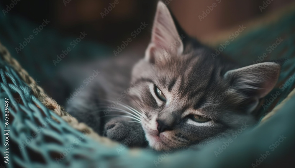 Cute kitten sleeping on a pillow, softness and relaxation generated by AI Cute kitten sleeping on a pillow, softness and relaxation generated by AI
