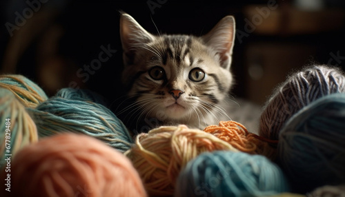 Wallpaper Mural Fluffy kitten playing with ball of wool, surrounded by creativity generated by AI Torontodigital.ca