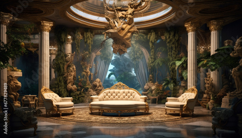 Luxury baroque style altar, illuminated sculpture, ancient chandelier, ornate decoration generated by AI