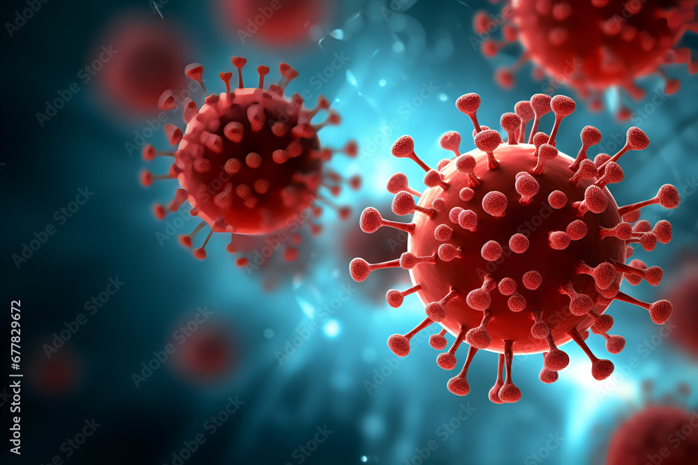 3D illustration of the covid virus on a blue background