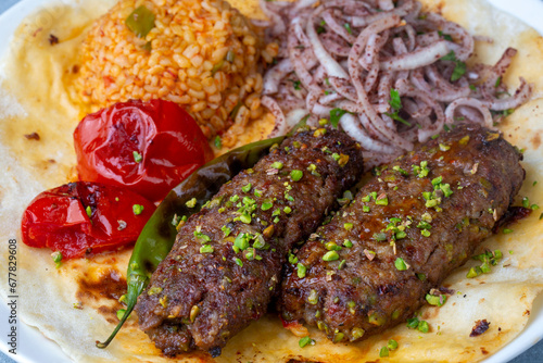 Traditional delicious Turkish cuisine, kebab type belonging to Adana and Antep regions, grilled pistachio kebab. Turkish name; fistikli kebab
