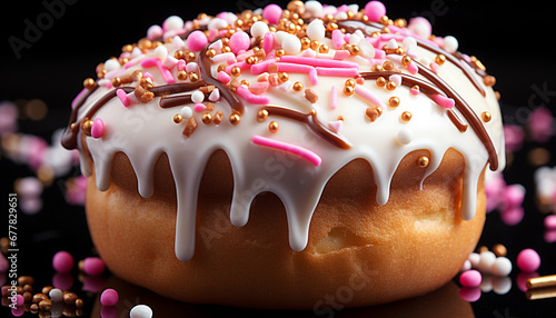Freshly baked donut with chocolate icing and sprinkles generated by AI