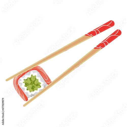 Pair of wooden chopsticks with sushi or roll. Asian cuisine. Food illustration, vector