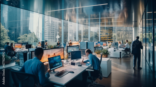 Interior of an office with people working at their jobs with large windows through which you can see large office buildings located in the financial district
