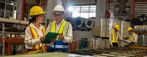 Factory engineer manager with assistant conduct inspection on metal sheet product from industrial machine, exemplifying leadership as machinery engineering inspection supervisor in facility. Panorama