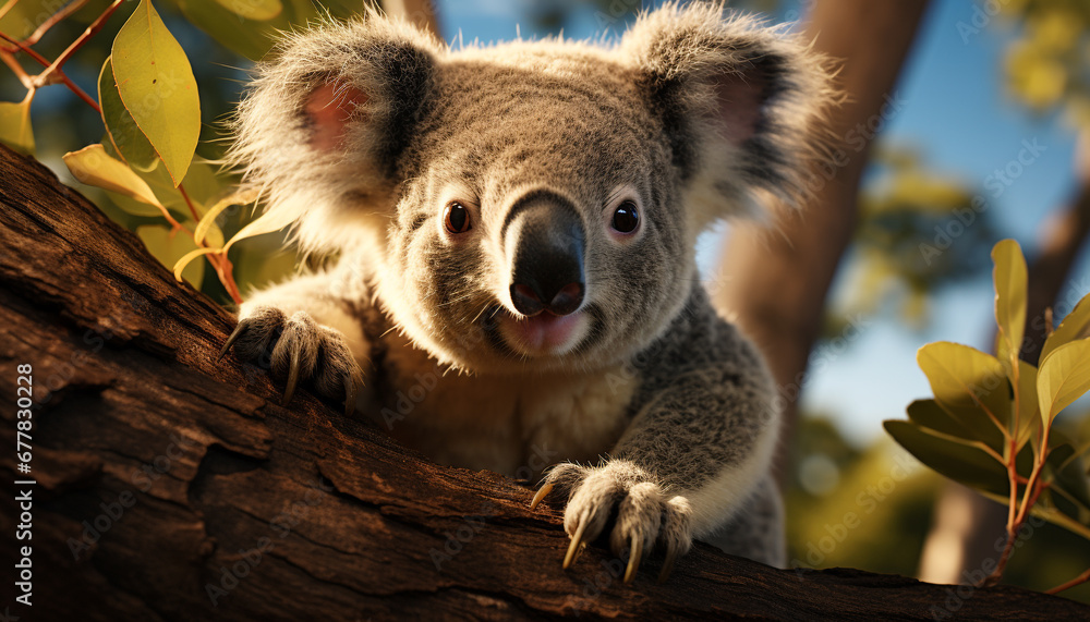 Obraz premium Cute koala sitting on branch, looking at camera generated by AI