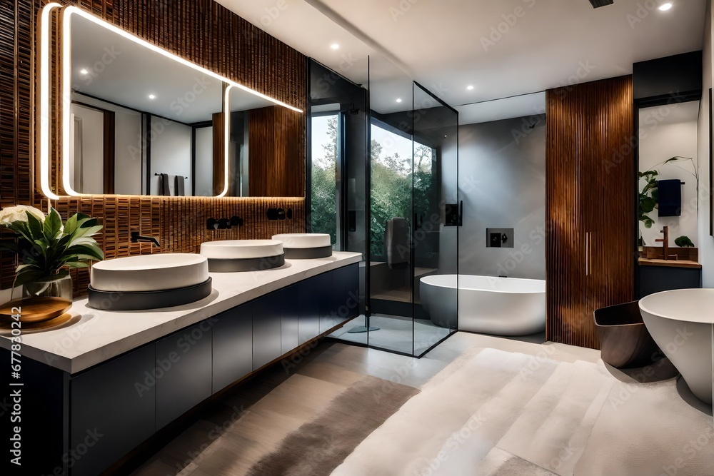 The sleek and minimalist design of a mid-century modern home's bathroom, with period-accurate fixtures and a nod to the era's style The sleek and minimalist design of a mid-century modern home's bathroom, with period-accurate fixtures and a nod to the era's style