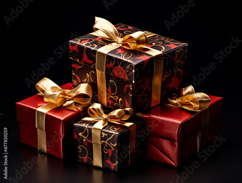 Gift boxes with gold bows on a black background.  © Yaroslav