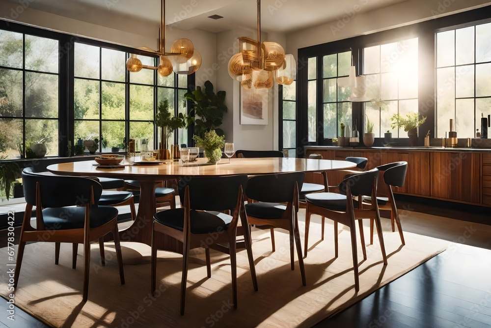 A mid-century modern home's sunlit dining area, with iconic dining furniture and a sense of vintage sophistication A mid-century modern home's sunlit dining area, with iconic dining furniture and a sense of vintage sophistication